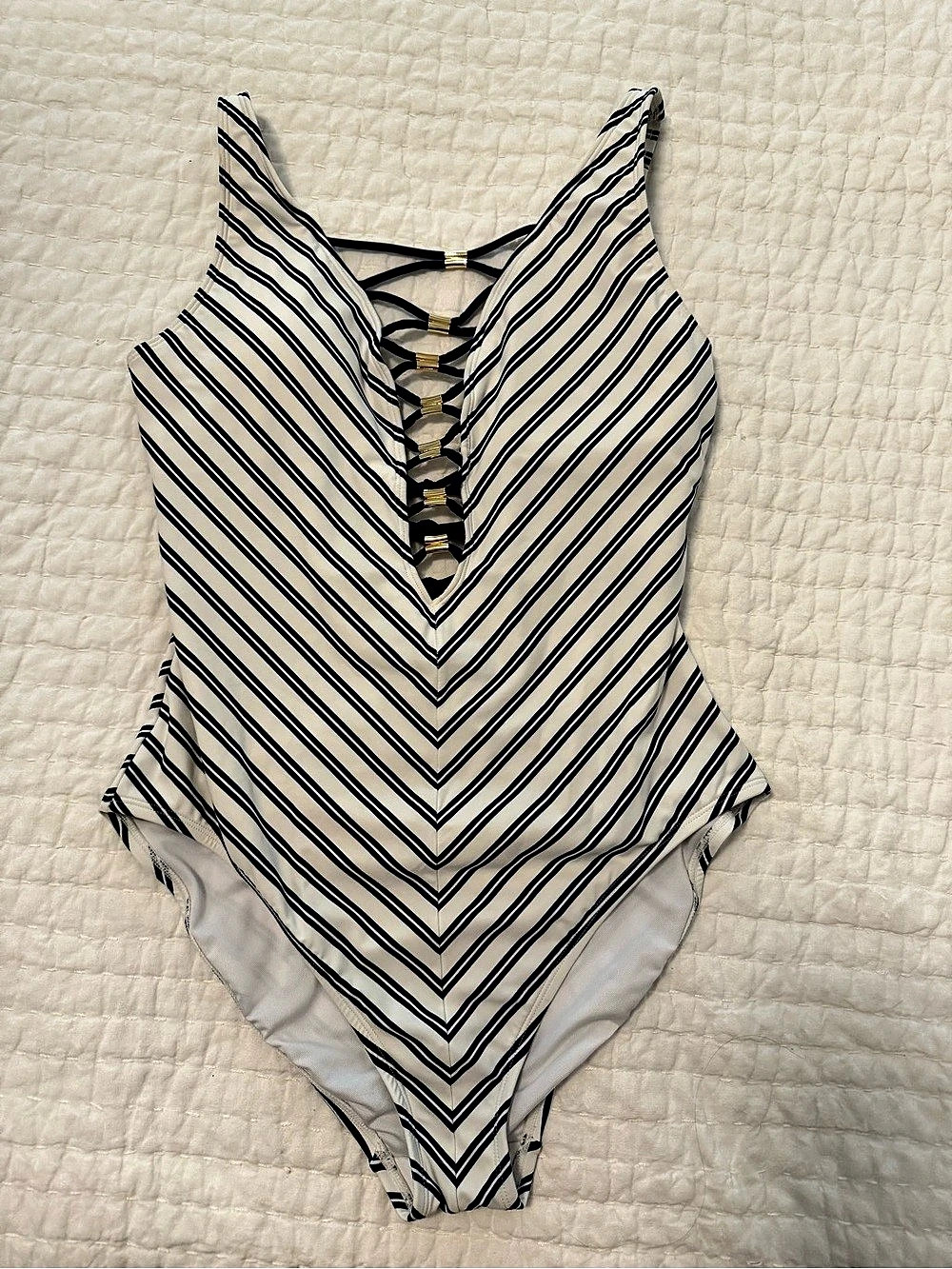 Bleu Rod Beattie Let's Get Knotty Gold Lace Down One-Piece Swimsuit